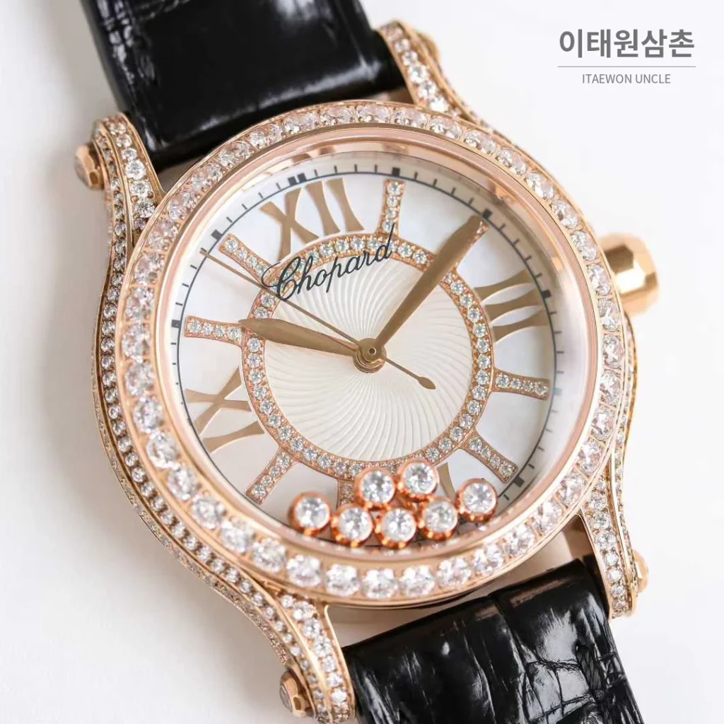 쇼파드 해피스포트 스틸 풀다이아 자개다이얼 플로팅젬 오토매틱 36mm 화이트 블랙 가죽 스트랩 로즈골드 베젤