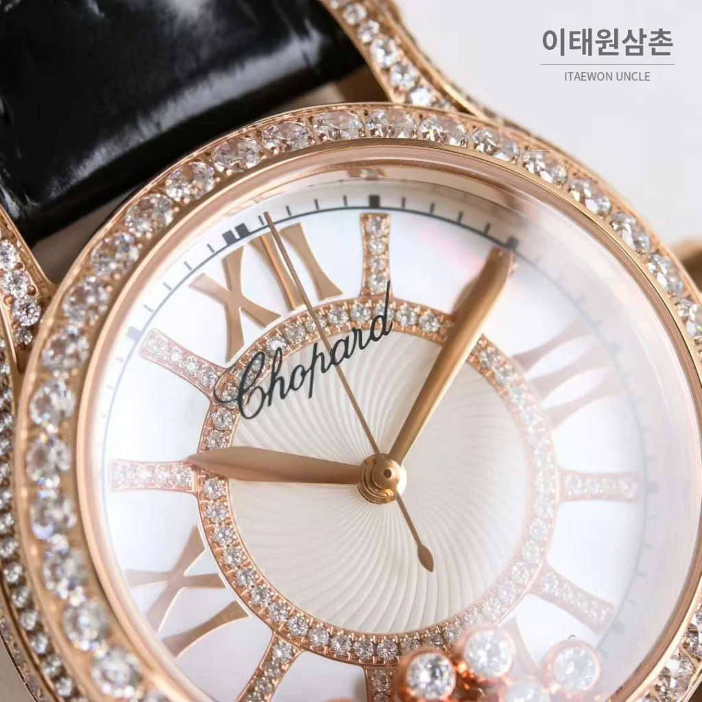 쇼파드 해피스포트 스틸 풀다이아 자개다이얼 플로팅젬 오토매틱 36mm 화이트 블랙 가죽 스트랩 로즈골드 베젤