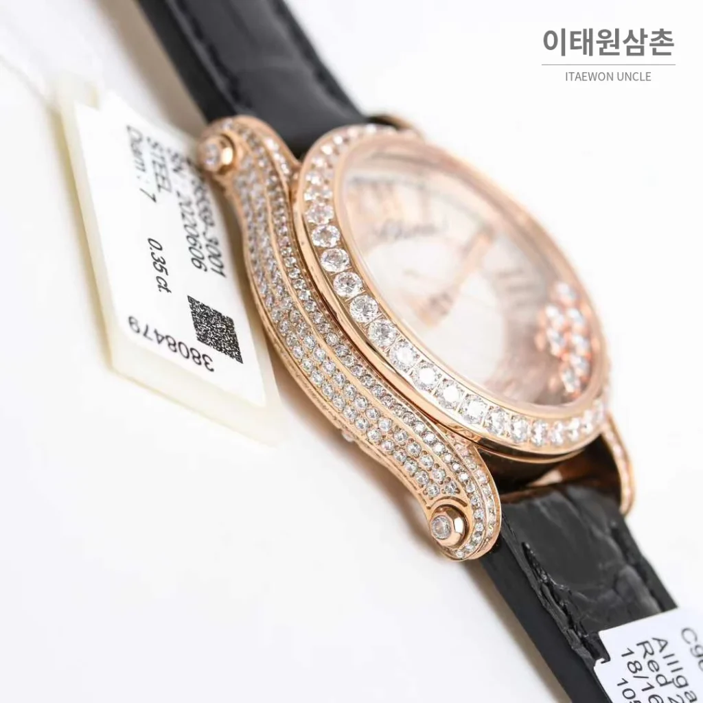 쇼파드 해피스포트 스틸 풀다이아 자개다이얼 플로팅젬 오토매틱 36mm 화이트 블랙 가죽 스트랩 로즈골드 베젤