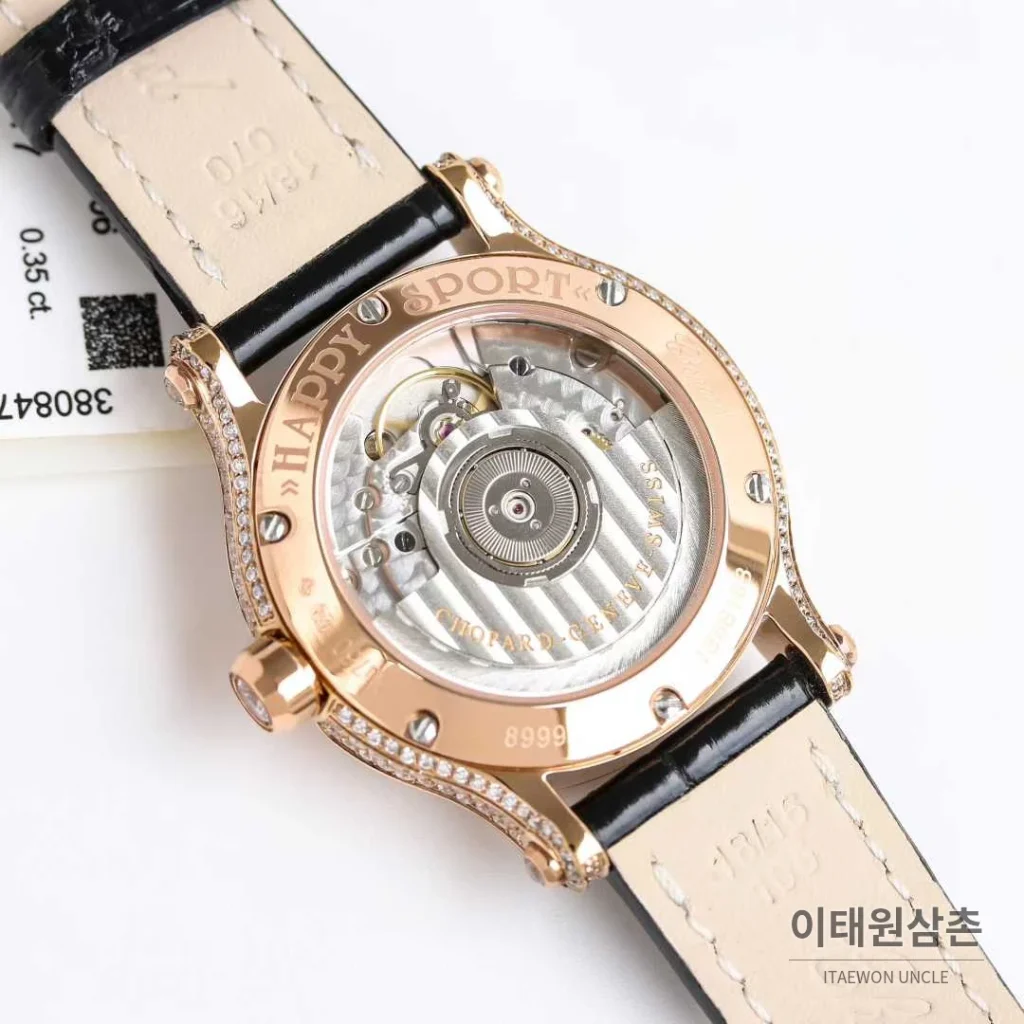 쇼파드 해피스포트 스틸 풀다이아 자개다이얼 플로팅젬 오토매틱 36mm 화이트 블랙 가죽 스트랩 로즈골드 베젤