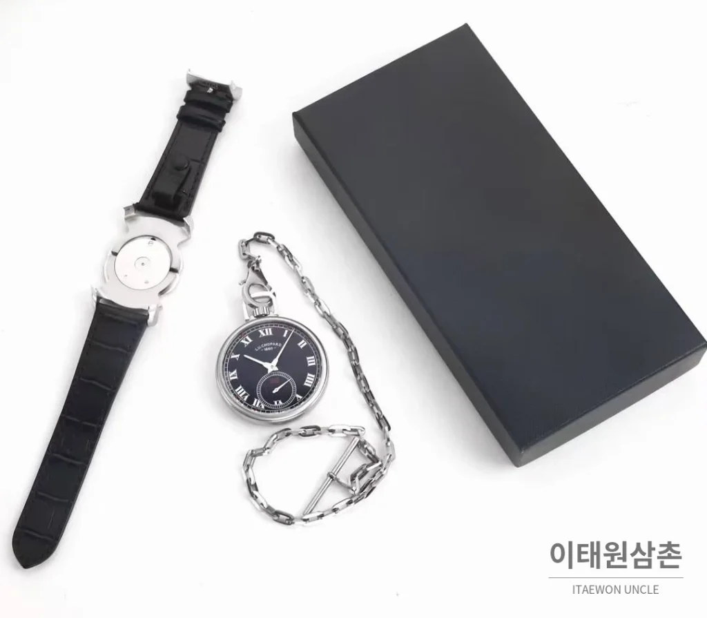 쇼파드 L.U.C 듀얼유즈 워치 & 포켓워치 컨버터블 오토매틱 49.6mm 실버 블랙 가죽 스트랩