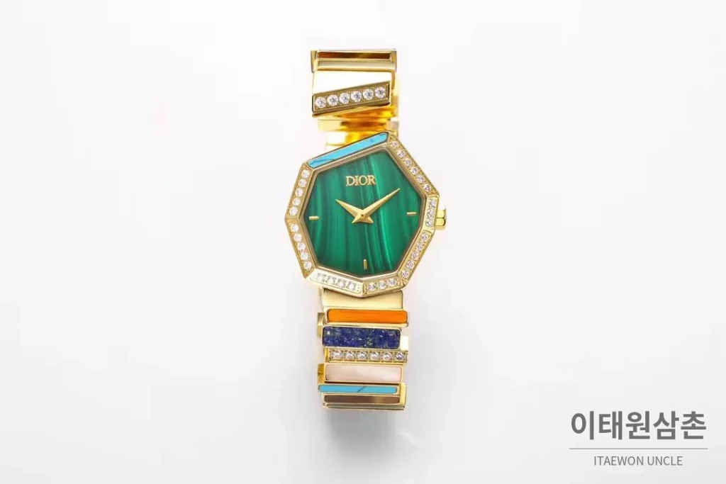 디올 젬 디올 천연석 다이얼 다이아세팅 쿼츠 25mm 골드 브레이슬릿