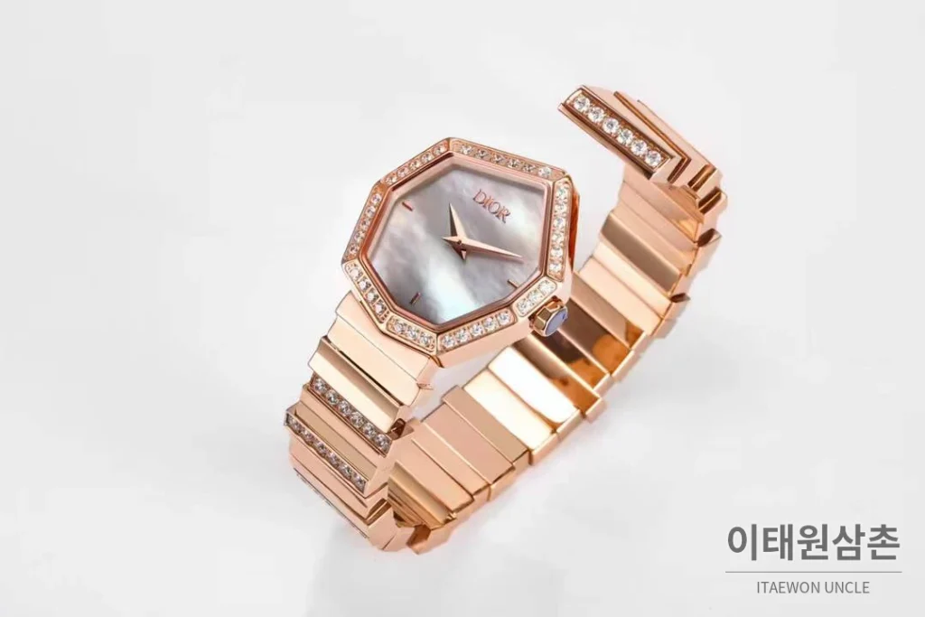 디올 젬 디올 천연석 다이얼 다이아세팅 쿼츠 25mm 로즈골드 브레이슬릿
