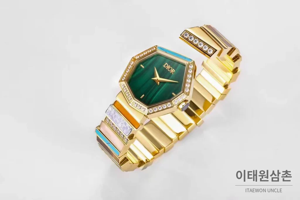 디올 젬 디올 천연석 다이얼 다이아세팅 쿼츠 25mm 골드 브레이슬릿
