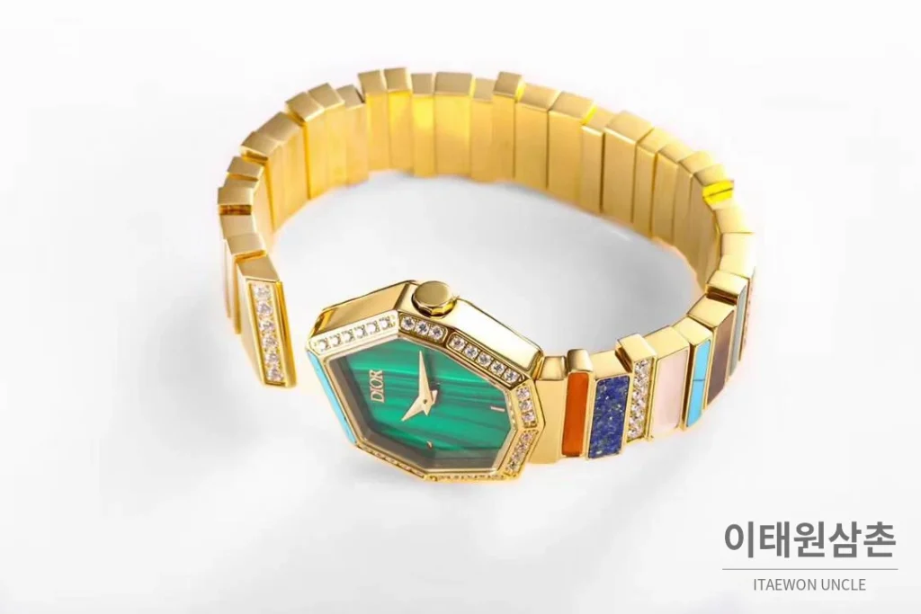 디올 젬 디올 천연석 다이얼 다이아세팅 쿼츠 25mm 골드 브레이슬릿