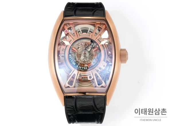 프랭크뮬러 그랜드 센트럴 투르비용 카본파이버 스켈레톤 배럴케이스 오토매틱 블랙 블랙 가죽 스트랩 로즈골드 베젤