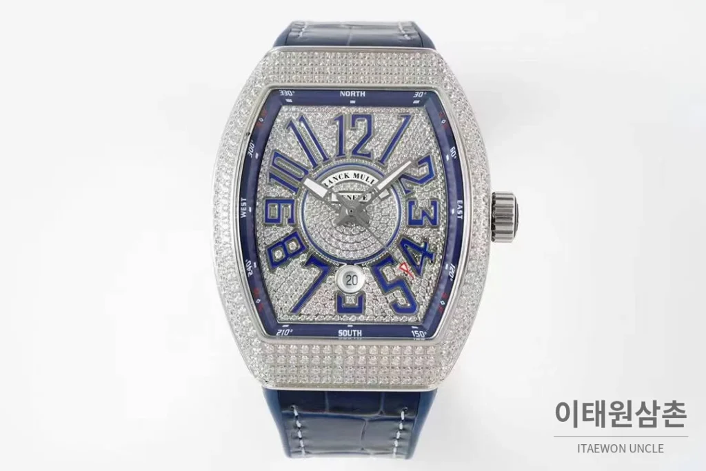 프랭크뮬러 뱅가드 요팅 V45 블루다이얼 오토매틱 54mm 네이비 가죽 스트랩 실버 베젤