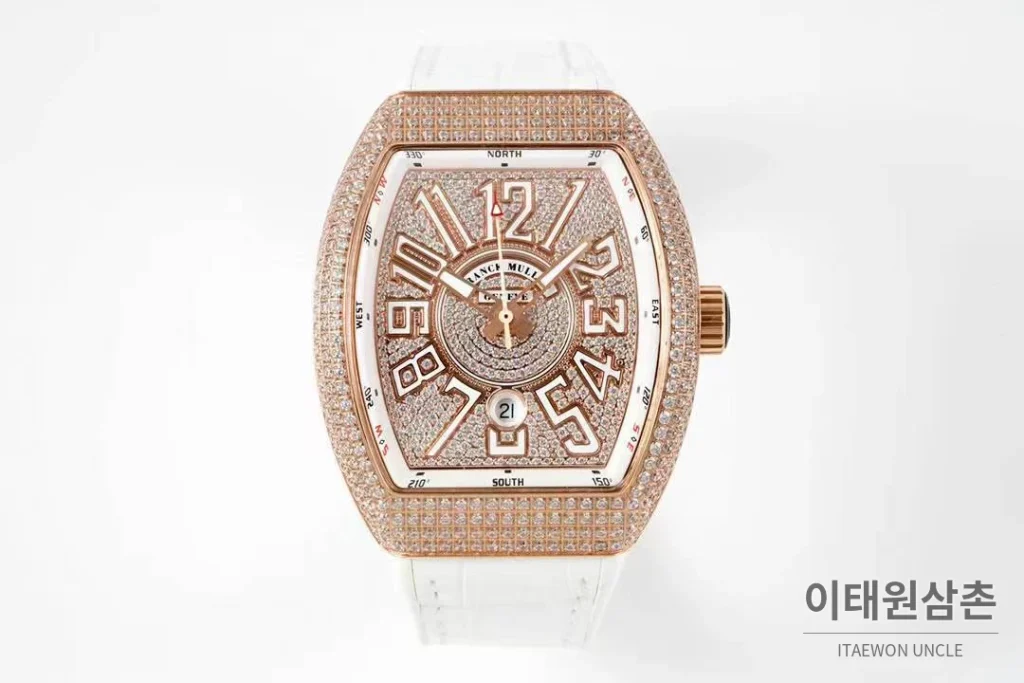 프랭크뮬러 뱅가드 요팅 V45 블루다이얼 오토매틱 54mm 화이트 러버 스트랩 로즈골드 베젤