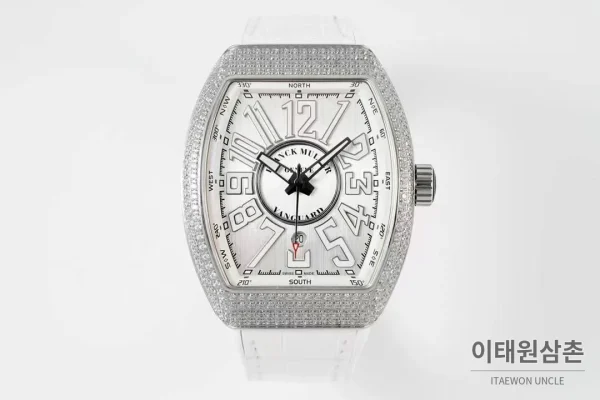 프랭크뮬러 뱅가드 요팅 V45 블루다이얼 오토매틱 54mm 화이트 러버 스트랩 실버 베젤