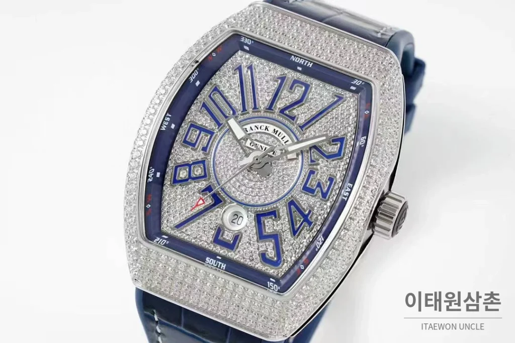 프랭크뮬러 뱅가드 요팅 V45 블루다이얼 오토매틱 54mm 네이비 가죽 스트랩 실버 베젤