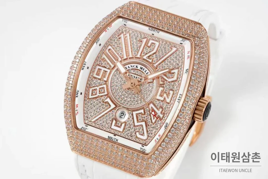 프랭크뮬러 뱅가드 요팅 V45 블루다이얼 오토매틱 54mm 화이트 러버 스트랩 로즈골드 베젤