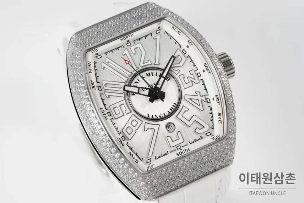 프랭크뮬러 뱅가드 요팅 V45 블루다이얼 오토매틱 54mm 화이트 러버 스트랩 실버 베젤