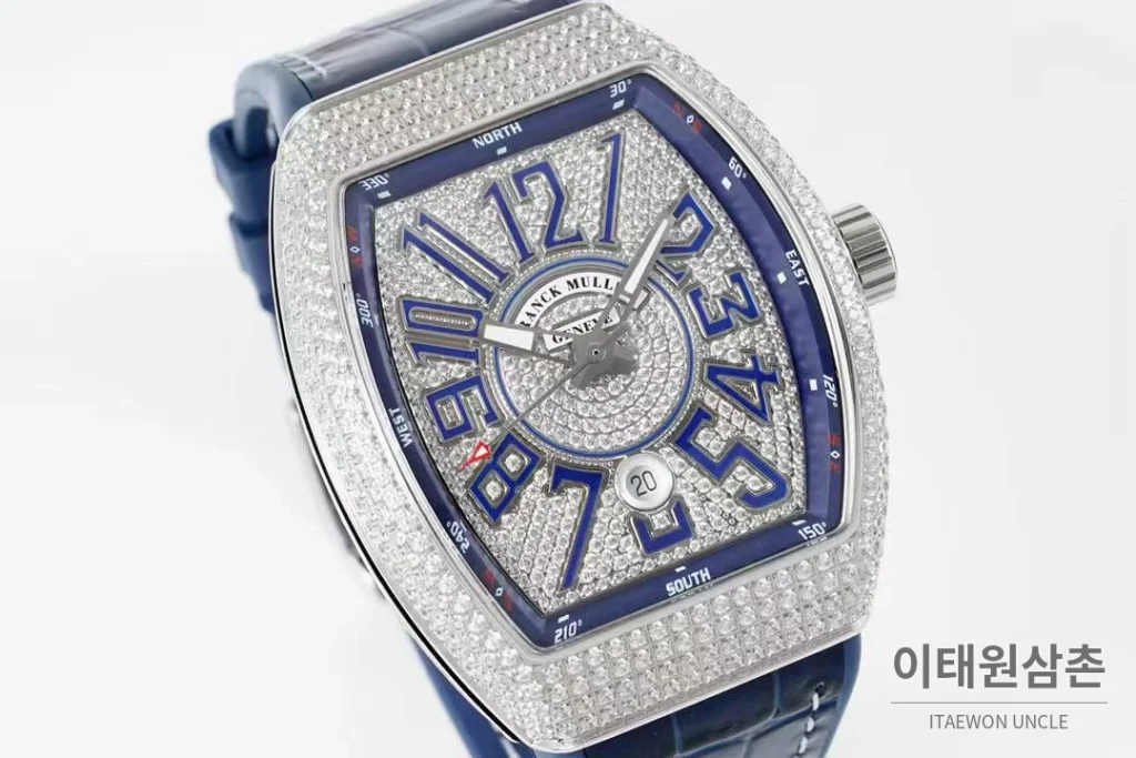 프랭크뮬러 뱅가드 요팅 V45 블루다이얼 오토매틱 54mm 네이비 가죽 스트랩 실버 베젤