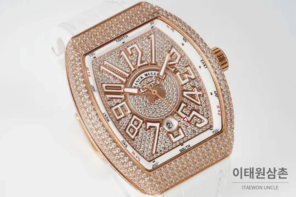 프랭크뮬러 뱅가드 요팅 V45 블루다이얼 오토매틱 54mm 화이트 러버 스트랩 로즈골드 베젤