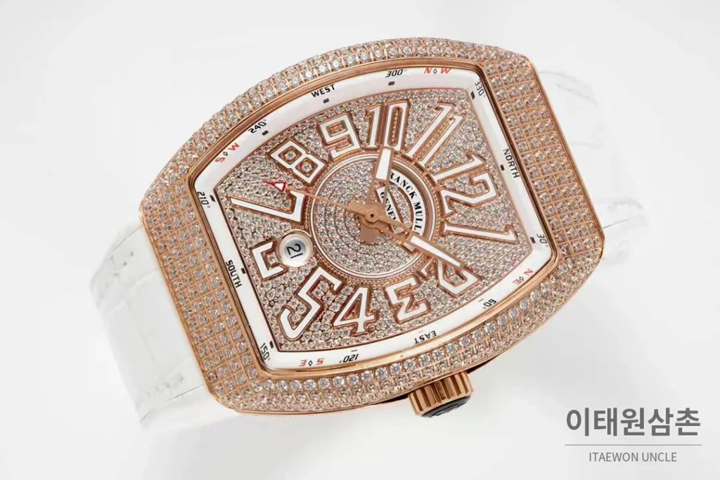 프랭크뮬러 뱅가드 요팅 V45 블루다이얼 오토매틱 54mm 화이트 러버 스트랩 로즈골드 베젤