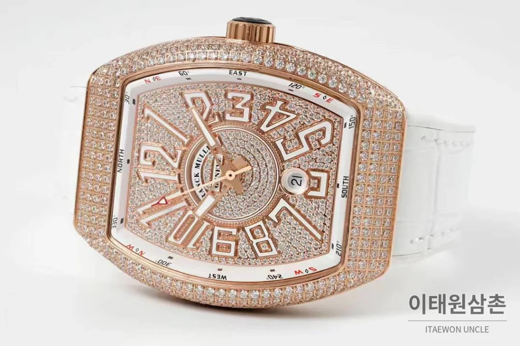프랭크뮬러 뱅가드 요팅 V45 블루다이얼 오토매틱 54mm 화이트 러버 스트랩 로즈골드 베젤