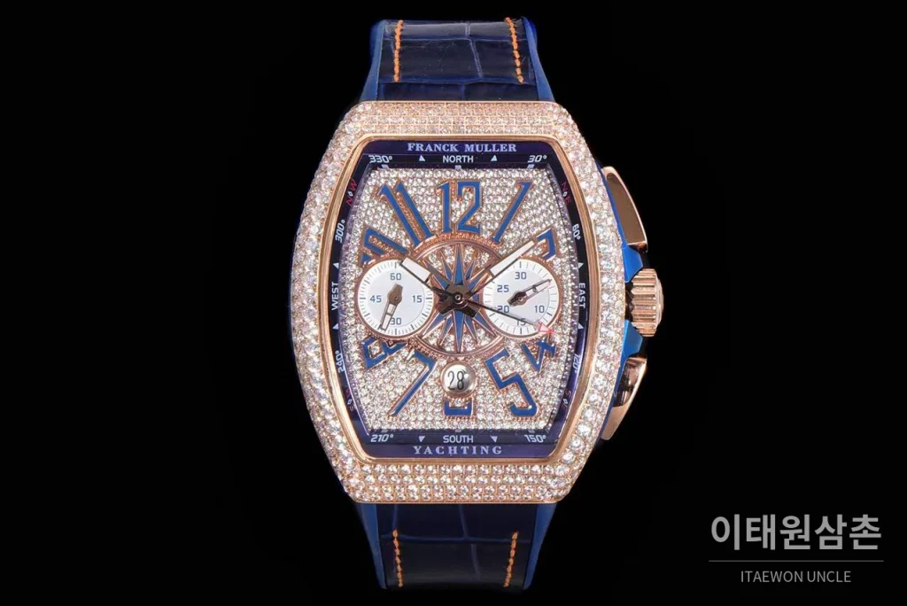 프랭크뮬러 뱅가드 요팅 V45 블루 다이얼 크로노그래프 오토매틱 54mm 네이비 러버 스트랩 로즈골드 베젤