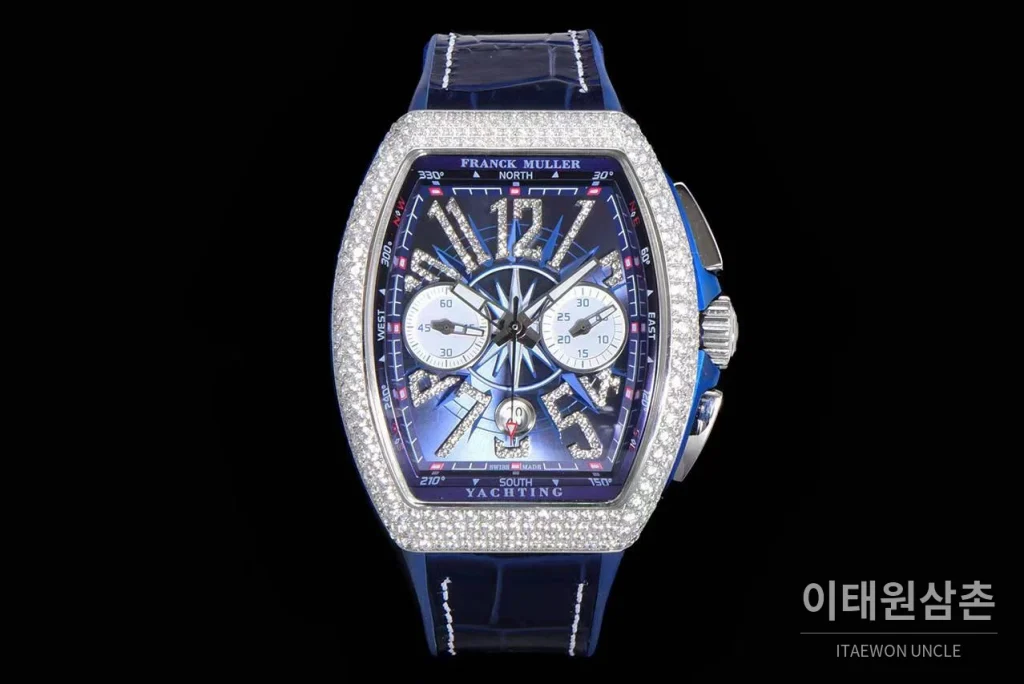 프랭크뮬러 뱅가드 요팅 V45 블루 다이얼 크로노그래프 오토매틱 54mm 네이비 러버 스트랩 실버 베젤