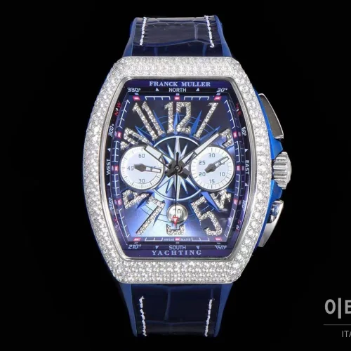 프랭크뮬러 뱅가드 요팅 V45 블루 다이얼 크로노그래프 오토매틱 54mm 네이비 러버 스트랩 실버 베젤