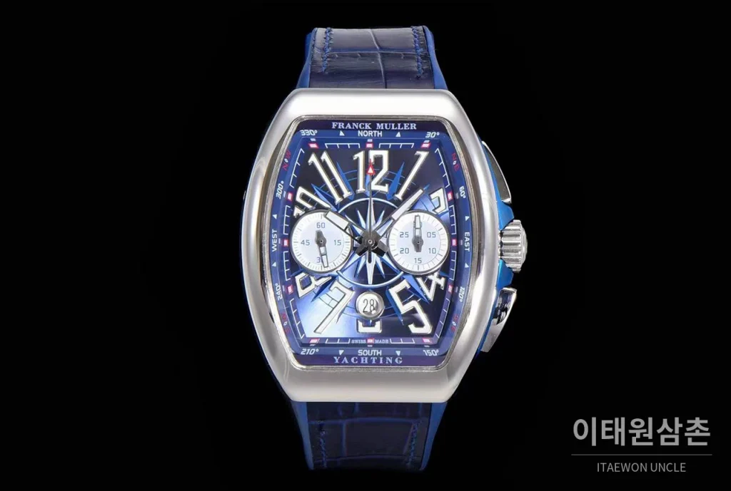프랭크뮬러 뱅가드 요팅 V45 블루 다이얼 크로노그래프 오토매틱 54mm 블루 가죽 스트랩