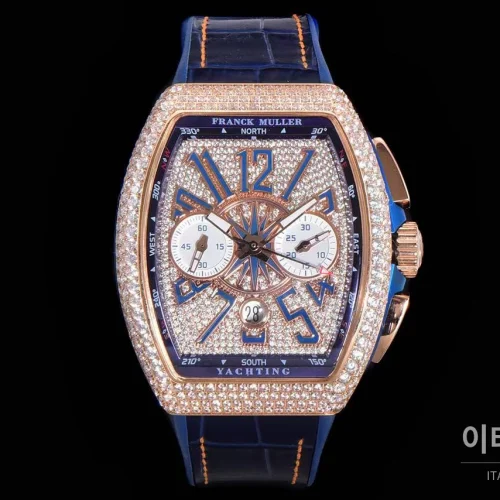 프랭크뮬러 뱅가드 요팅 V45 블루 다이얼 크로노그래프 오토매틱 54mm 네이비 러버 스트랩 로즈골드 베젤