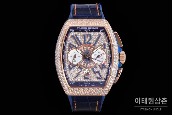 프랭크뮬러 뱅가드 요팅 V45 블루 다이얼 크로노그래프 오토매틱 54mm 네이비 러버 스트랩 로즈골드 베젤