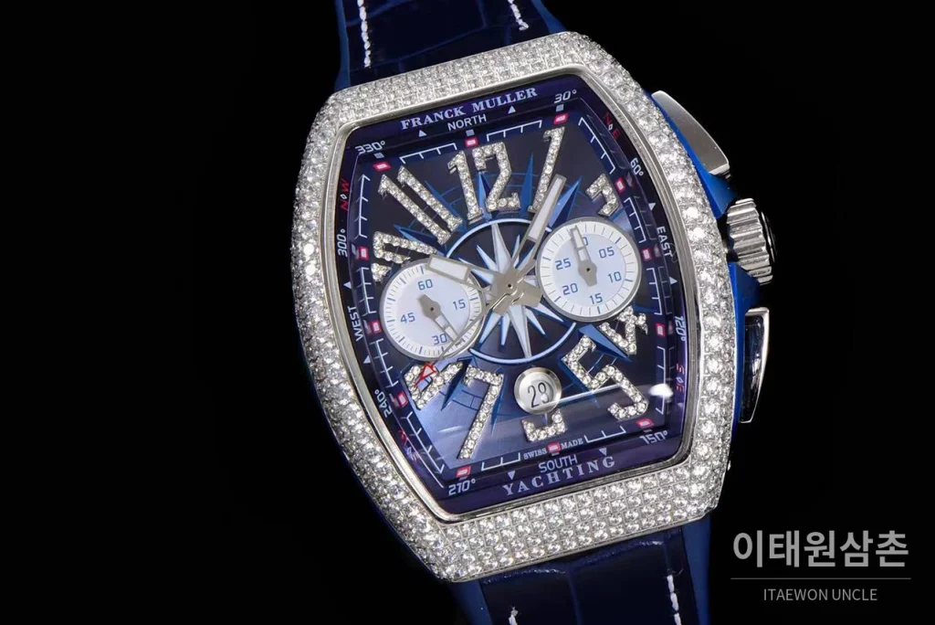 프랭크뮬러 뱅가드 요팅 V45 블루 다이얼 크로노그래프 오토매틱 54mm 네이비 러버 스트랩 실버 베젤