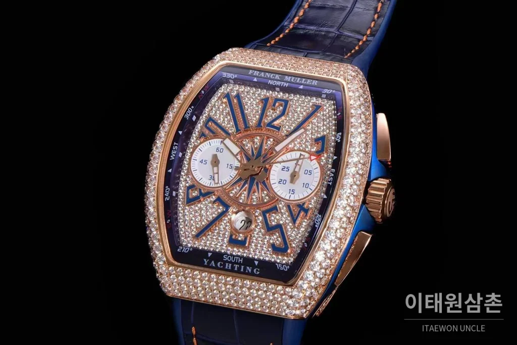 프랭크뮬러 뱅가드 요팅 V45 블루 다이얼 크로노그래프 오토매틱 54mm 네이비 러버 스트랩 로즈골드 베젤