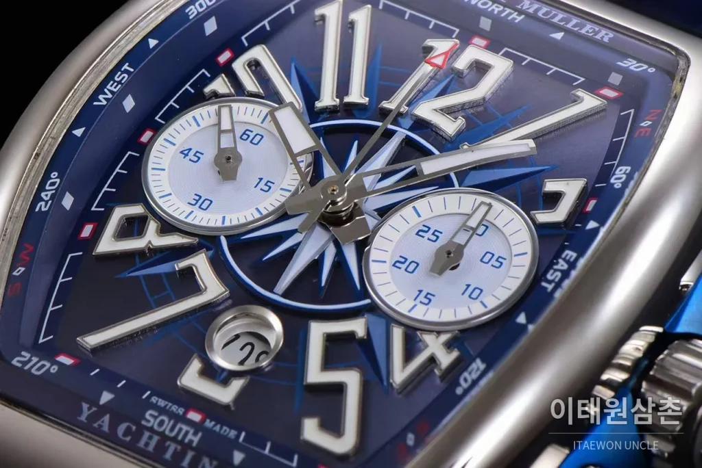 프랭크뮬러 뱅가드 요팅 V45 블루 다이얼 크로노그래프 오토매틱 54mm 블루 가죽 스트랩