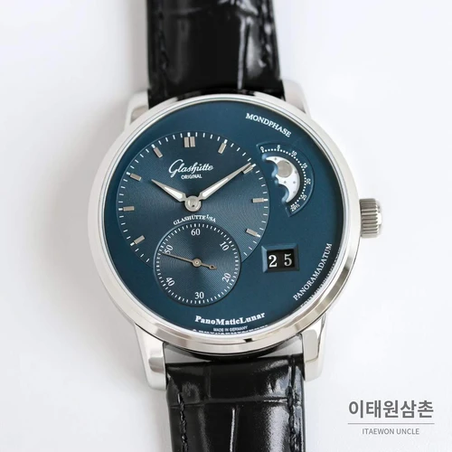 글라슈테오리지널 오프센터 문페이즈 빅데이트 오토매틱 워치 40mm 네이비 다이얼 블랙 가죽 스트랩