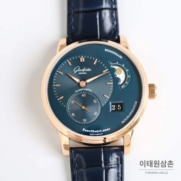 글라슈테오리지널 오프센터 문페이즈 빅데이트 오토매틱 워치 40mm 네이비 다이얼 네이비 가죽 스트랩 글라슈테오리지널 오프센터 문페이즈 빅데이트 오토매틱 워치 40mm 네이비 다이얼 네이비 가죽 스트랩