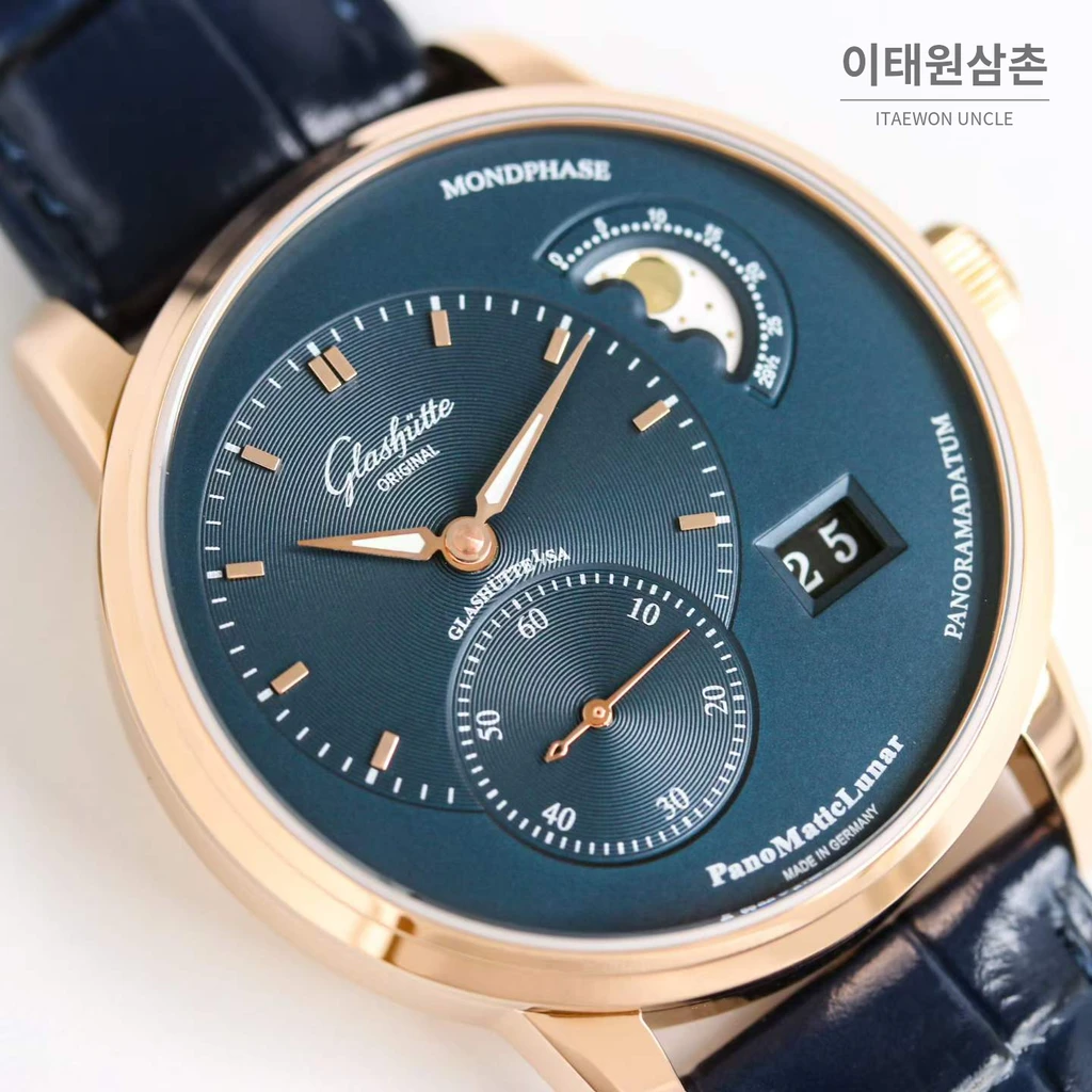 글라슈테오리지널 오프센터 문페이즈 빅데이트 오토매틱 워치 40mm 네이비 다이얼 네이비 가죽 스트랩