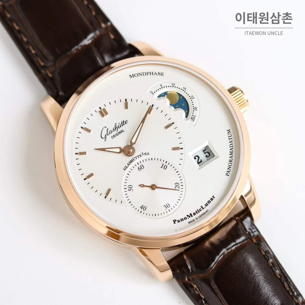 글라슈테오리지널 오프센터 문페이즈 빅데이트 오토매틱 워치 40mm 네이비 다이얼 네이비 가죽 스트랩