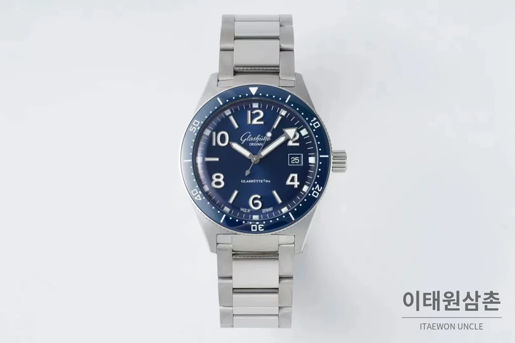 글라슈테오리지널 오리지널 씨큐 스틸 블랙다이얼 다이버 오토매틱 43mm 스틸 브레이슬릿 네이비 베젤