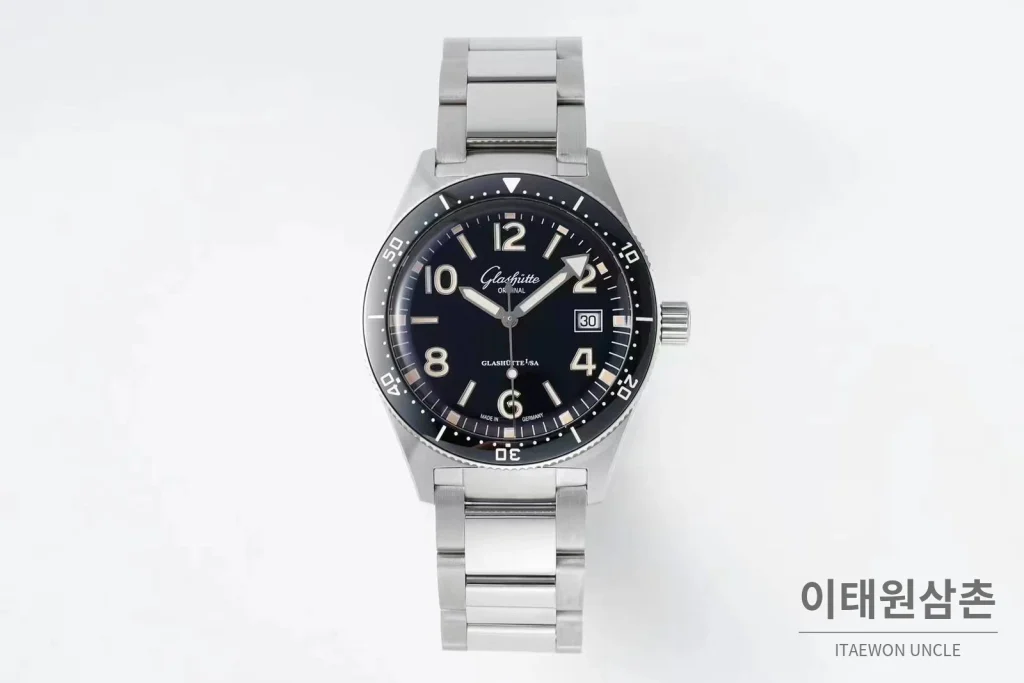 글라슈테오리지널 오리지널 씨큐 스틸 블랙다이얼 다이버 오토매틱 43mm 스틸 브레이슬릿 블랙 베젤