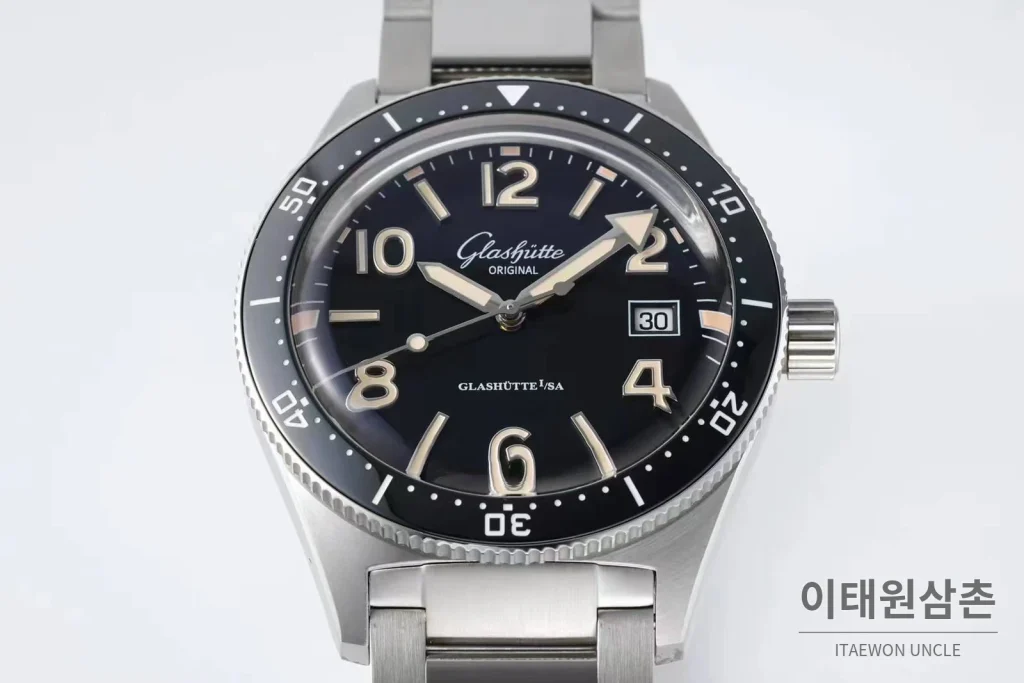 글라슈테오리지널 오리지널 씨큐 스틸 블랙다이얼 다이버 오토매틱 43mm 스틸 브레이슬릿 블랙 베젤