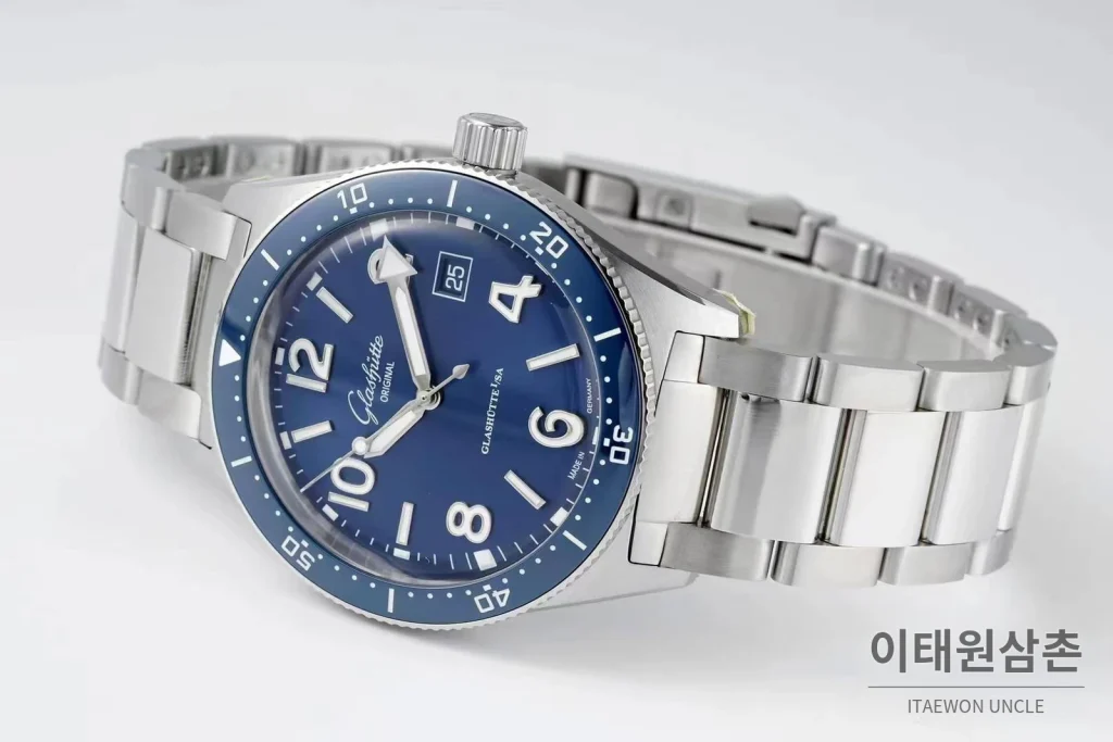 글라슈테오리지널 오리지널 씨큐 스틸 블랙다이얼 다이버 오토매틱 43mm 스틸 브레이슬릿 네이비 베젤