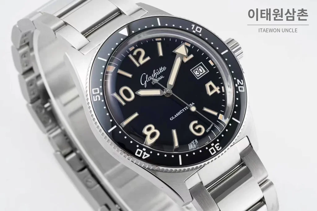 글라슈테오리지널 오리지널 씨큐 스틸 블랙다이얼 다이버 오토매틱 43mm 스틸 브레이슬릿 블랙 베젤