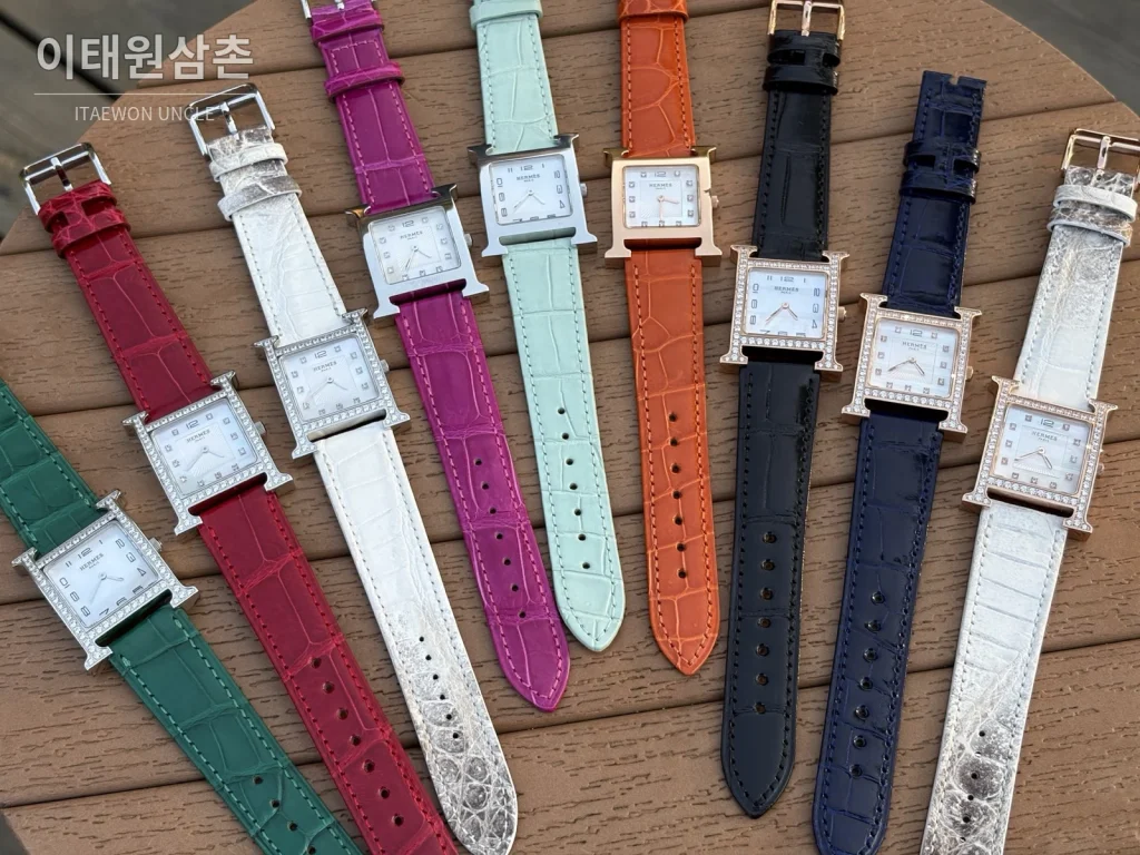 에르메스 H 시리즈 쿼츠 자개 다이얼 화이트 가죽 스트랩 로즈골드 베젤 (2)
