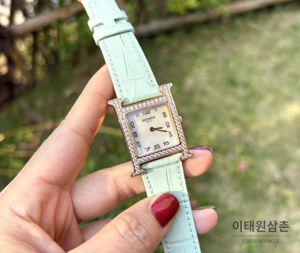 에르메스 H 시리즈 쿼츠 자개 다이얼 민트 가죽 스트랩 로즈골드 베젤