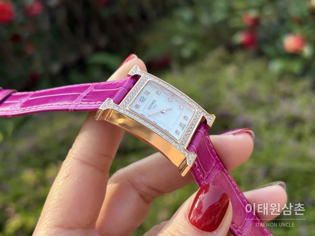 에르메스 H 시리즈 쿼츠 자개 다이얼 핑크 가죽 스트랩 로즈골드 베젤