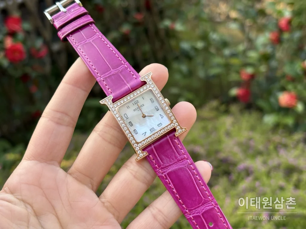 에르메스 H 시리즈 쿼츠 자개 다이얼 오렌지 가죽 스트랩 로즈골드 베젤