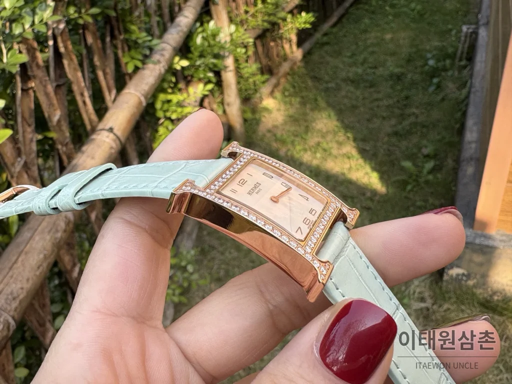 에르메스 H 시리즈 쿼츠 자개 다이얼 민트 가죽 스트랩 로즈골드 베젤