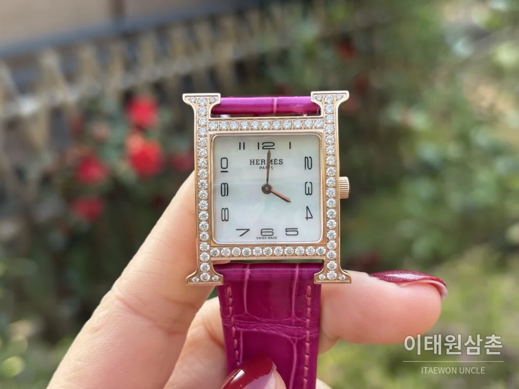에르메스 H 시리즈 쿼츠 자개 다이얼 오렌지 가죽 스트랩 로즈골드 베젤