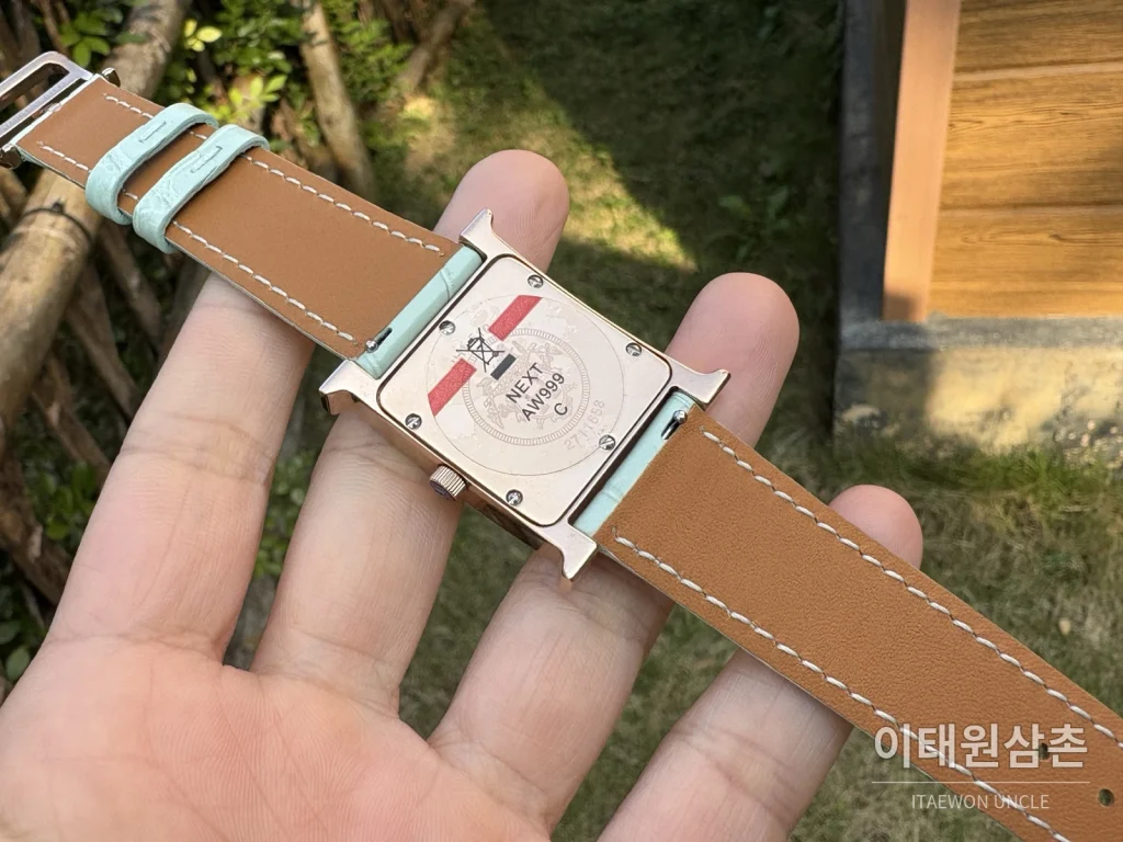 에르메스 H 시리즈 쿼츠 자개 다이얼 민트 가죽 스트랩 로즈골드 베젤