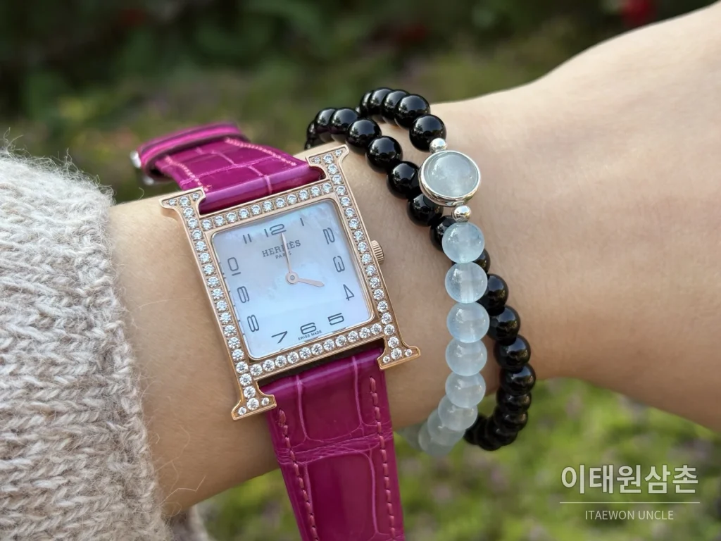 에르메스 H 시리즈 쿼츠 자개 다이얼 오렌지 가죽 스트랩 로즈골드 베젤