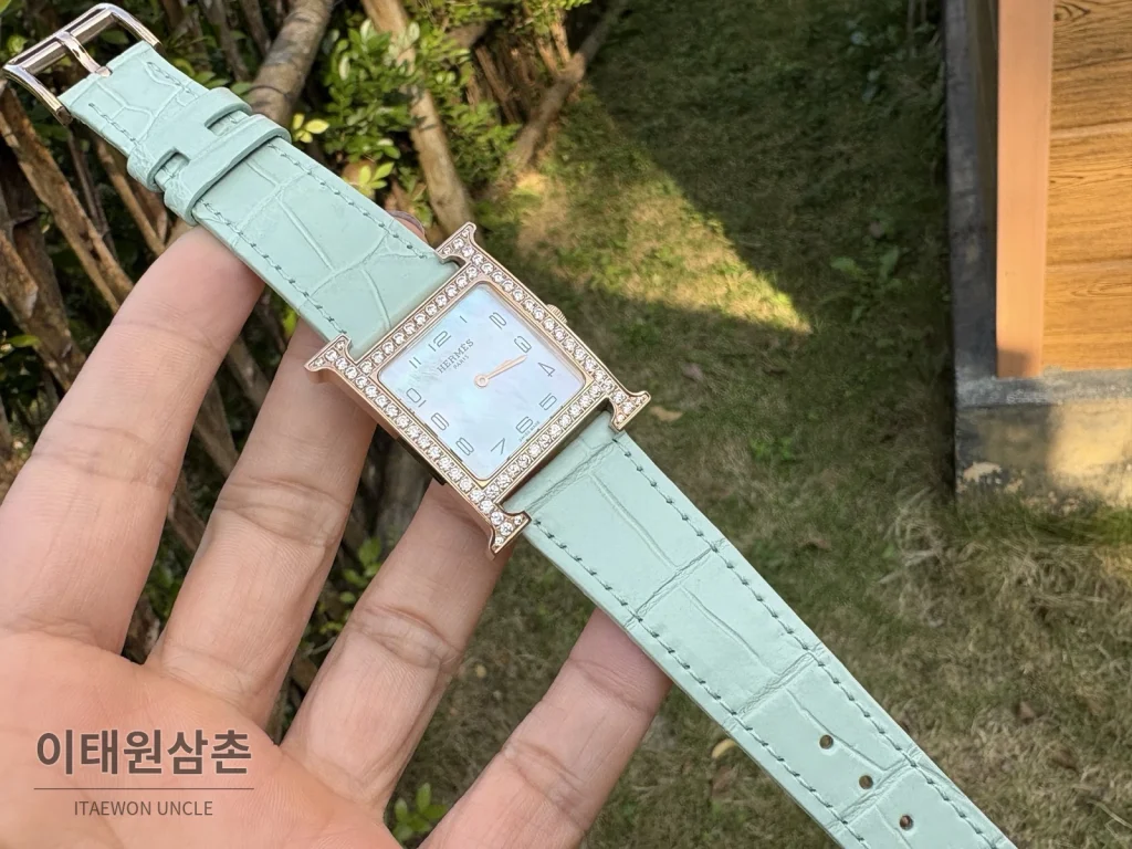 에르메스 H 시리즈 쿼츠 자개 다이얼 민트 가죽 스트랩 로즈골드 베젤