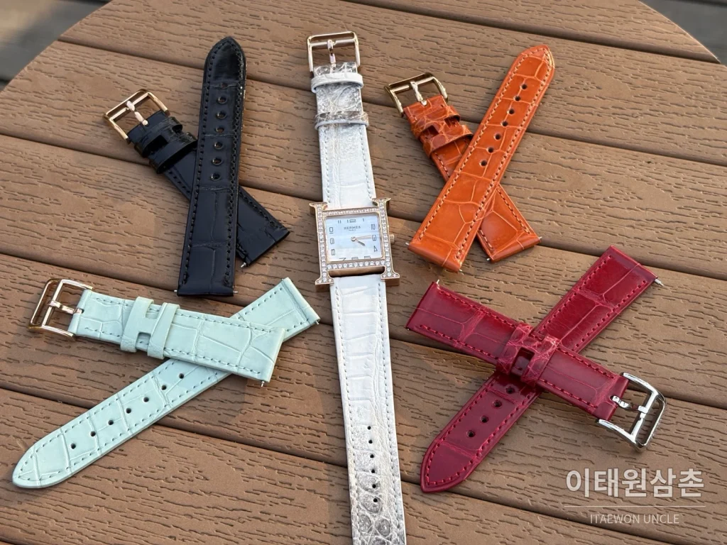 에르메스 H 시리즈 쿼츠 자개 다이얼 오렌지 가죽 스트랩 로즈골드 베젤