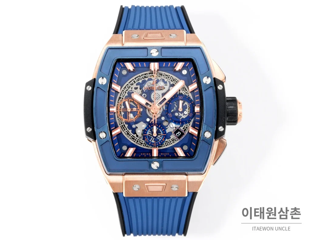 위블로 빅뱅 오토매틱 블루 다이얼 블루 러버 스트랩 블루 베젤 로즈골드 케이스
