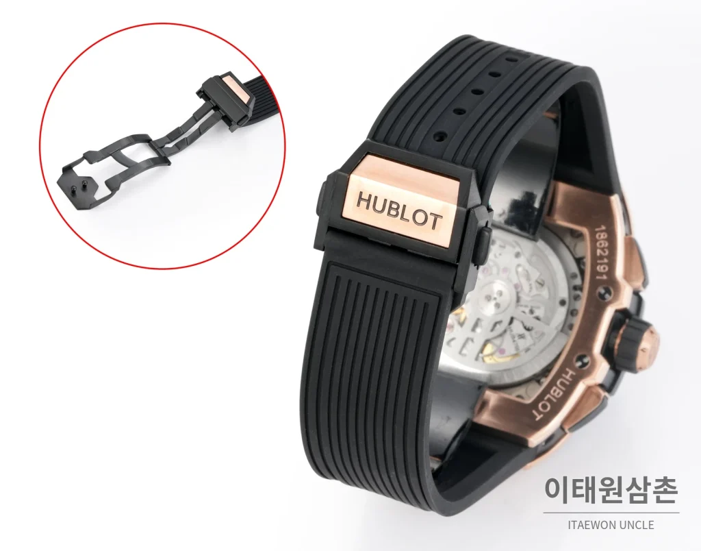 위블로 빅뱅 오토매틱 스켈레톤 다이얼 블랙 러버 스트랩 블랙 베젤 로즈골드 케이스
